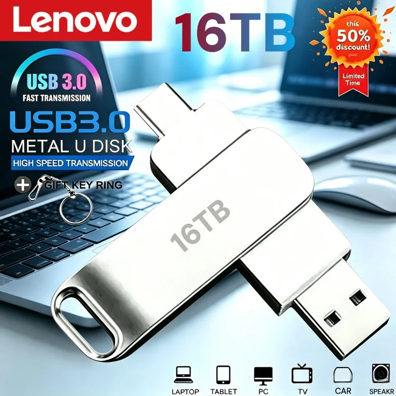 Lenovo 16TB USB 3.2 Flash Drives High Speed Transfer Metal Pendrive Memory Card Pendrive Flash Disk Memoria Waterproof Stick