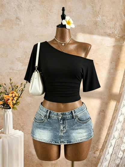 Women One Shoulder Short Sleeve Side Ruched Cropped T Shirt 2026 Summer Y2K Going Out Casual Streetwear Tops