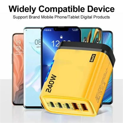 240W GaN 2USB+3Type C Desktop Phone Charger With LED Light Multi Ports Quick Charge 3.0 Adapter For iPhone Samsung Huawei Tablet