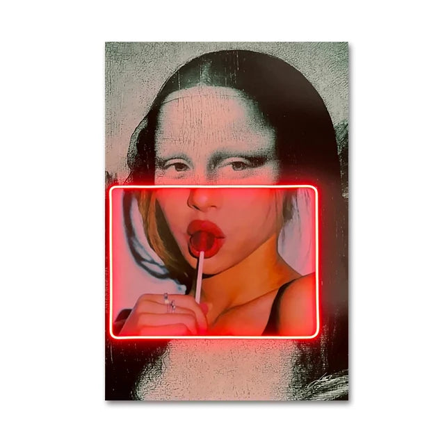 Mona Lisa with Lollipops Neon Pop Art Canvas Print Posters Canvas Painting Abstract Portrait Fashion Wall Art Picture Home Decor