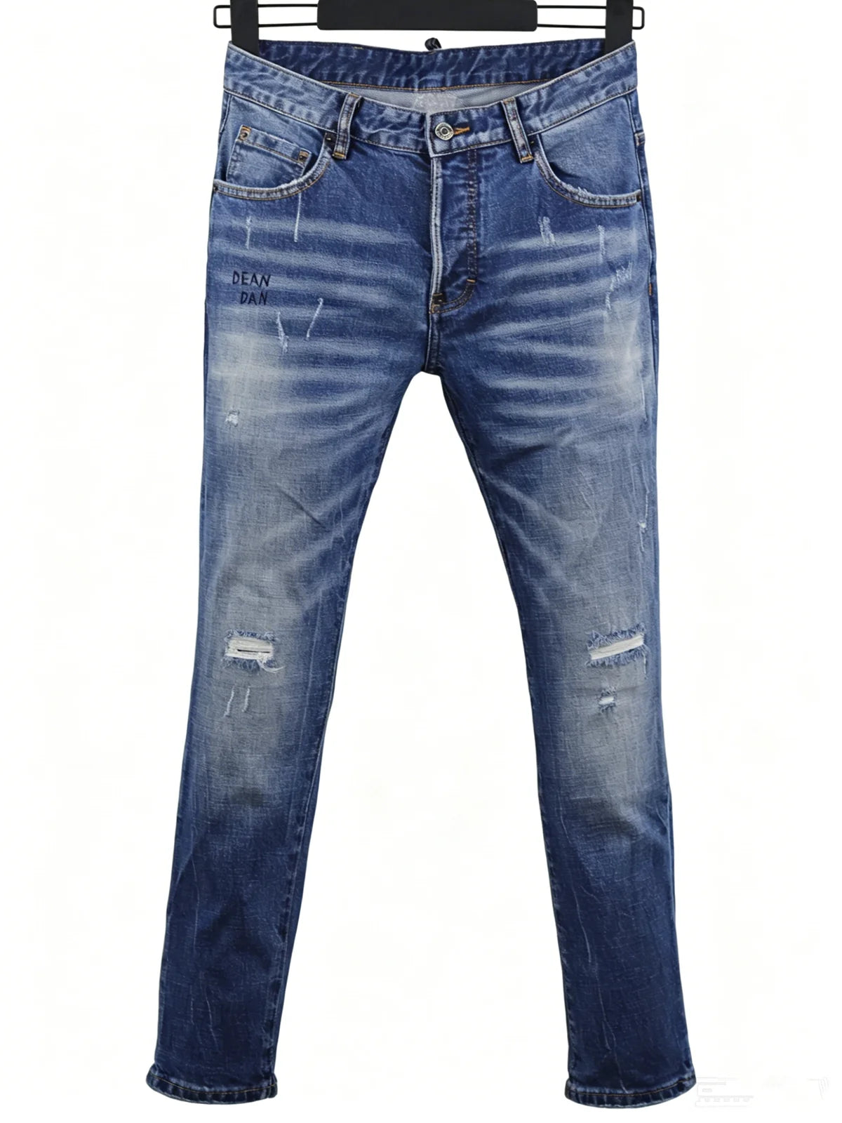 6057 Four Seasons New Men's Wear Washed Ripped Patch Paint Slim-fit Feet Blue Jeans for Men