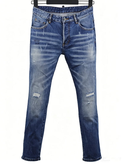 6057 Four Seasons New Men's Wear Washed Ripped Patch Paint Slim-fit Feet Blue Jeans for Men