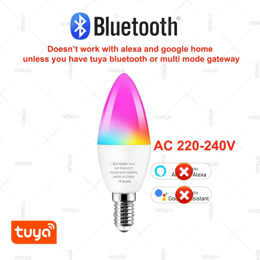 Tuya E14 Candle Lamp Smart Life App Control Smart Bulb WiFi Or Bluetooth RGB+CW LED Light 220V Dimmable Crystal Lamps Room Decor