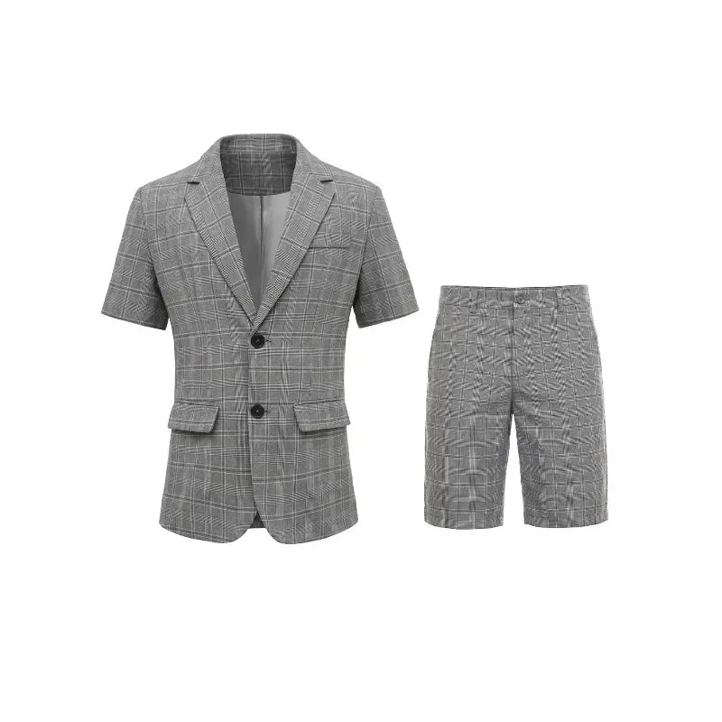 KIDWHXR Men Summer Suit Outfit British Style Plaid Short Sleeve Male 2-piece Set Loose Comfortable Business Casual Man Suits