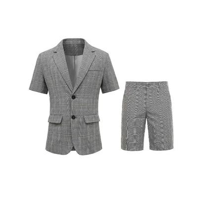 KIDWHXR Men Summer Suit Outfit British Style Plaid Short Sleeve Male 2-piece Set Loose Comfortable Business Casual Man Suits
