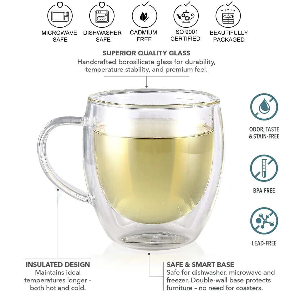 1pack 250/350/450ml Glass Coffee Mug with Handle Double-Walled Glass Cup For Cold or Hot Water Juice Milk Coffee Whiskey
