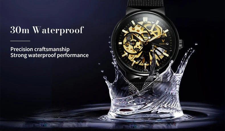 SKROX Luxury Brands Fashion Man Wrist Watches Steel Skeleton Ultra Thin Mechancical Clock Mesh Strap Waterproof Manual Movement