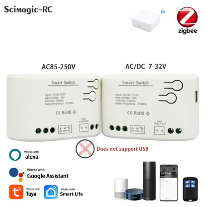 Zigbee 3.0 Tuya 1 Channe Smart Relay Module Smart Life Switch Controller 12V 24V 220V 230V Dry Contact NO NC COM Inching Timer