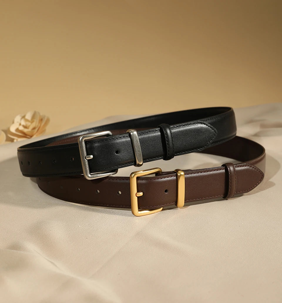 Luxury Suede Cowhide Leather Belt for Women, Vintage Style with Gold Buckle, 3.3cm Wide Waistband for Dresses & Jeans