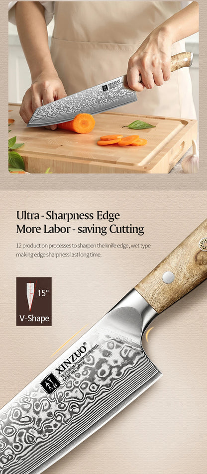 XINZUO Bunka Knife 8.3 Inches 67 Layers Damascus Steel Handcrafted Kitchen Tool Figured Sycamore Wood Handle High-end Gifts