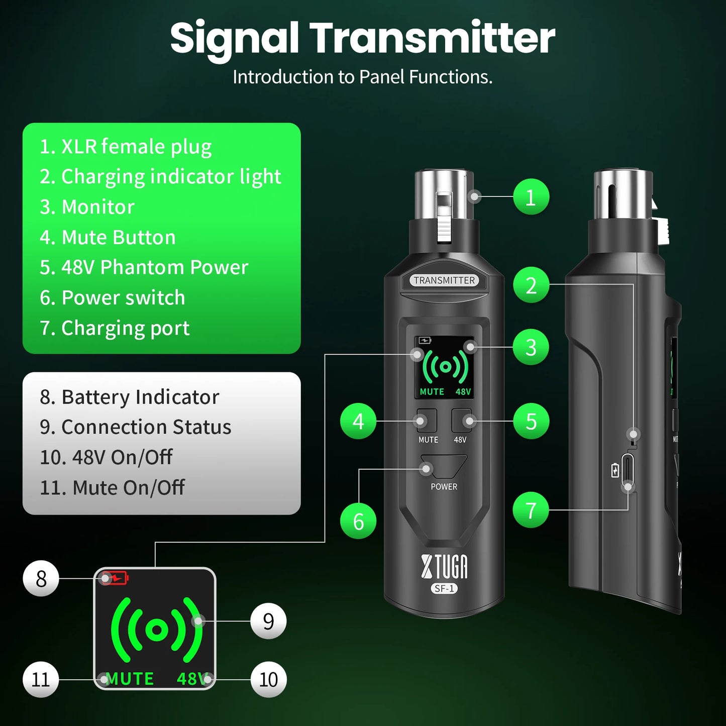 XTUGA UHF Professional Microphone Wireless Converter XLR Recharge Transmitter Receiver for Dynamic/Condenser Mic Audio Mixer