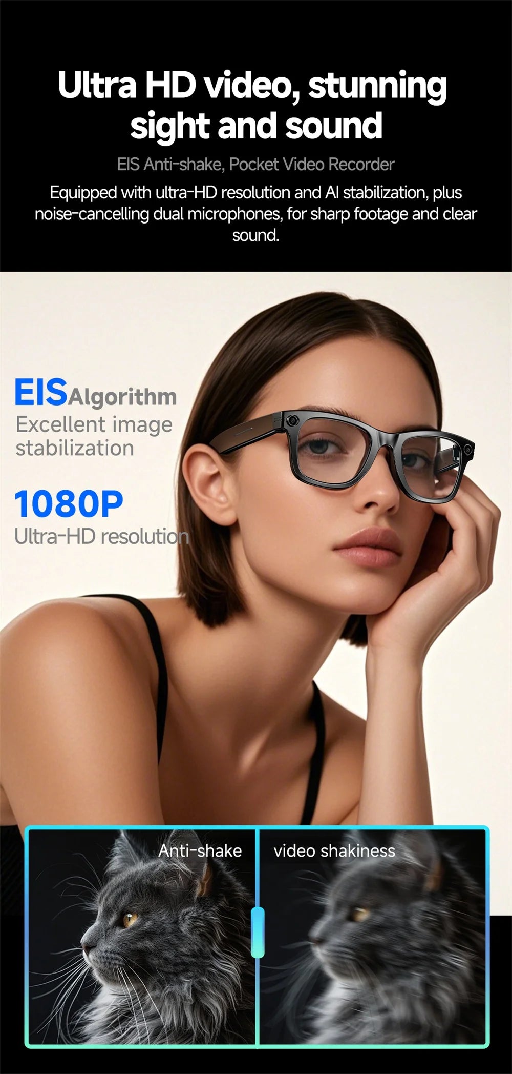 Smart Glasses With 800W Intelligent Translation Al Voice Wake-up Intelligent Q&A Interaction Call Noise Reduction EIS Anti Shake