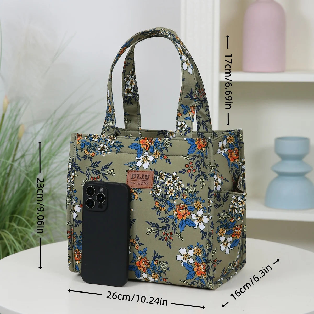 New floral print thickened fabric handbag, lunch bag, portable lunch box storage bag, zipper design, multifunctional tote
