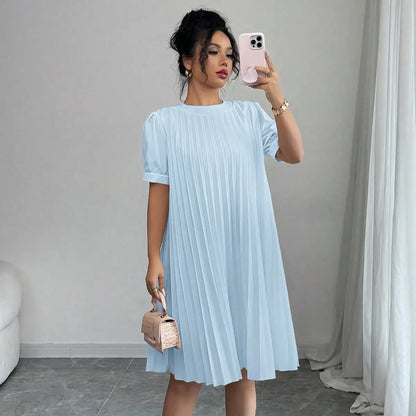 Women's Pure-Color Pleated Puff Sleeve Midi Dress - Elegant Round Neck Loose A-Line Swing Dress for Office, Casual Daily Holiday