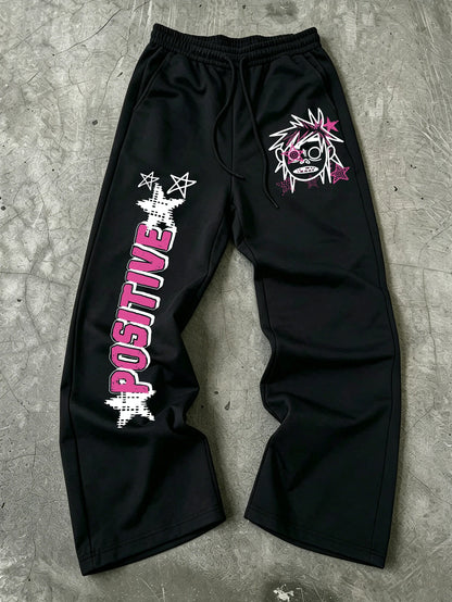 Men Wide Leg Punk Cartoon Sweatpants 100% Polyester Positive Star Dual Side Print Baggy Y2K Drawstring Jogger Pants