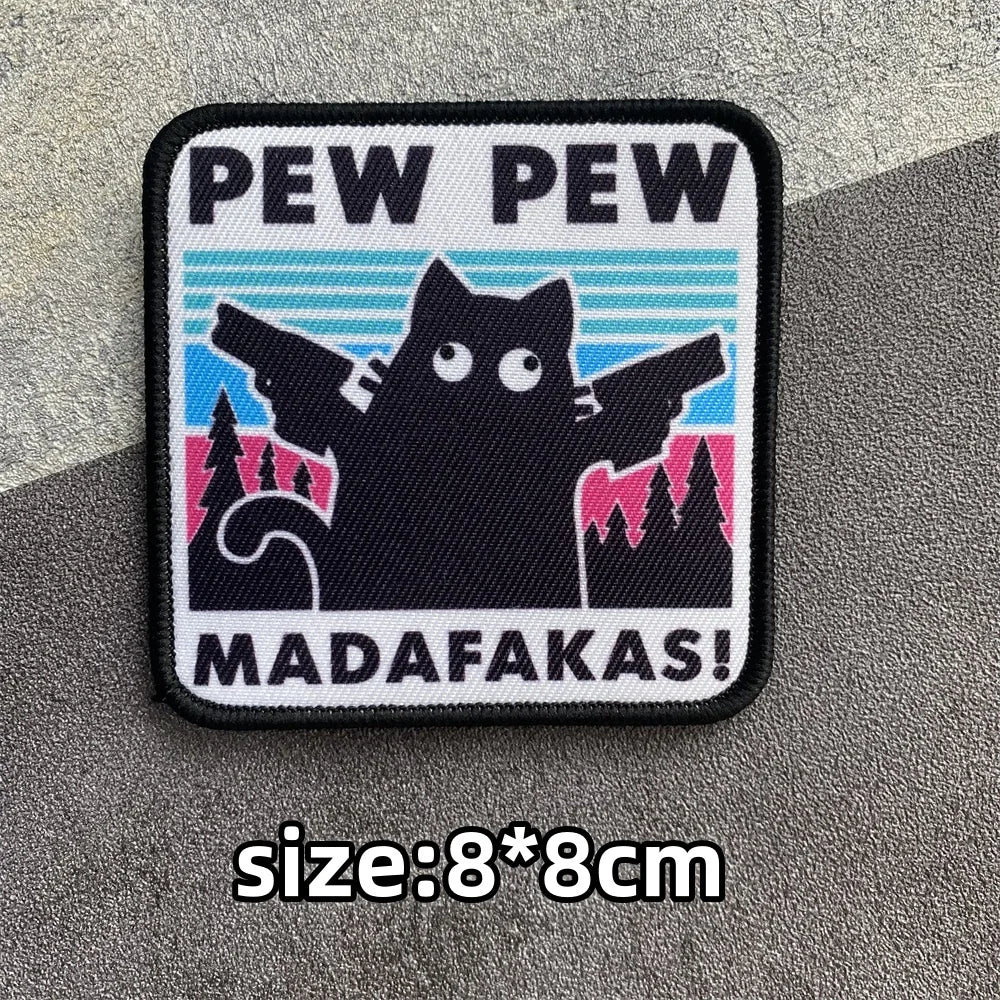 PEW PEW Madafakas Gun Tactical Morale Badge Patch Black Cat It's Fine Armband Fabric Patches Funny Hook & Loop  Backpack Emblems