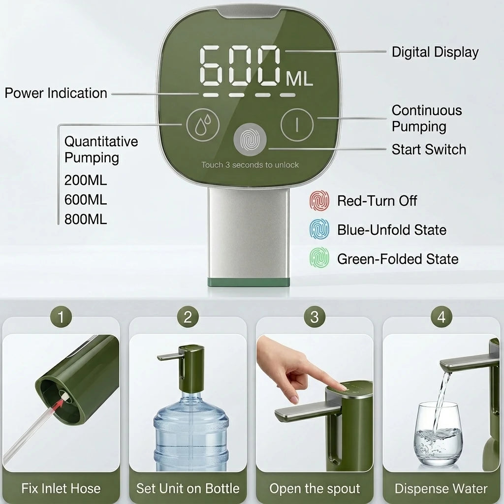 Auto Touch Water Pump for 5/4.8/3.5/3.2Gal, Foldable Faucet, Camping/Hiking/Outdoor, USB-C, Leakproof Lightweight