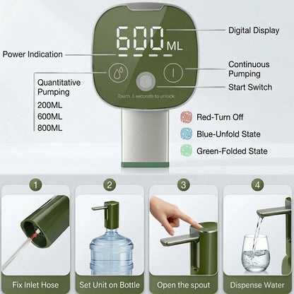 Auto Touch Water Pump for 5/4.8/3.5/3.2Gal, Foldable Faucet, Camping/Hiking/Outdoor, USB-C, Leakproof Lightweight