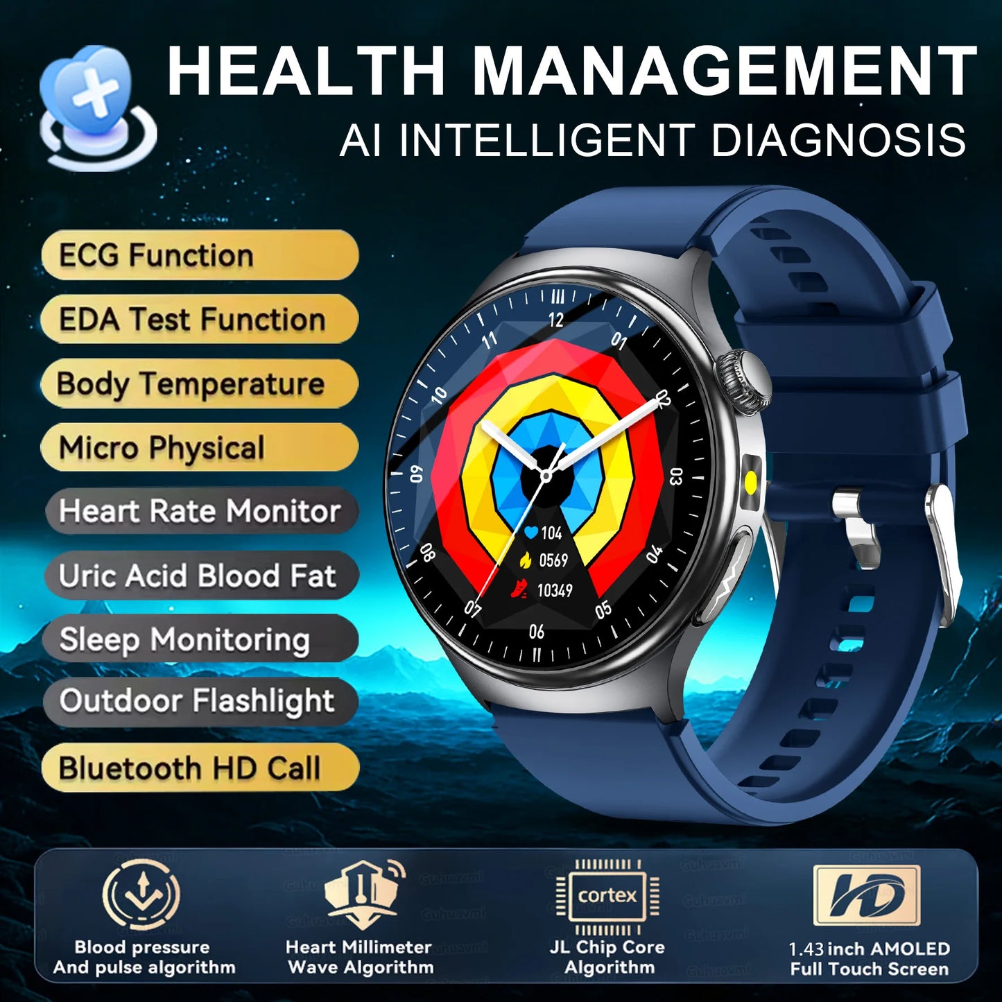2026New Nursing Grade Health Smartwatches For Men Women Precision Detection Heart Rate Blood Fats Uric Acid ECG+PPG Smart Watch