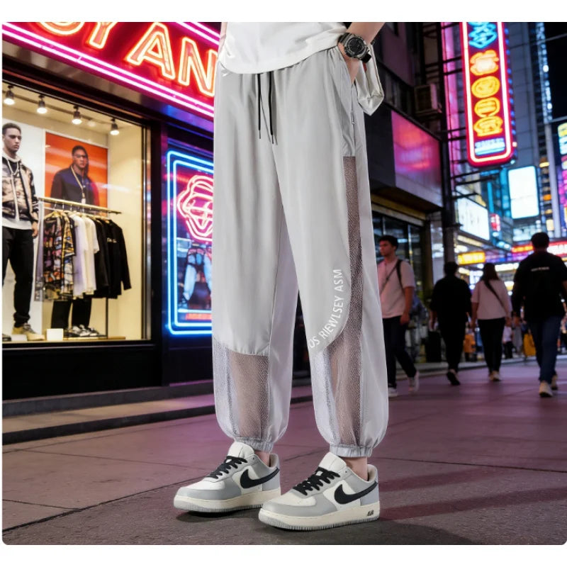 Breathable Mesh Men's Ice Silk Anti-Mosquito Pants Loose Fit Elastic Waist Drawstring Quick Dry Summer Casual Sports Trousers St