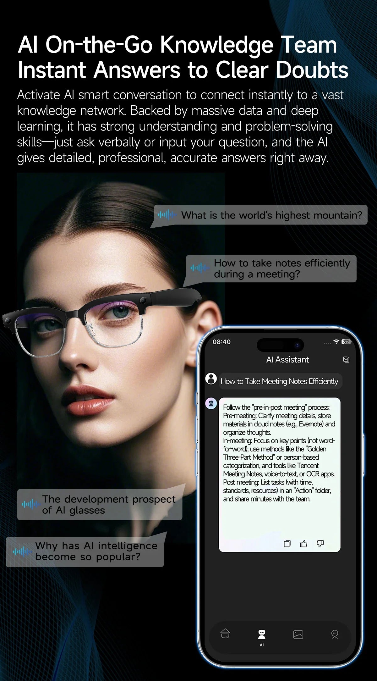 W630 800W HD Smart Glasses for Men And Women AI Intelligent Translation WiFi Transmission Photo & Video Recording Glasses
