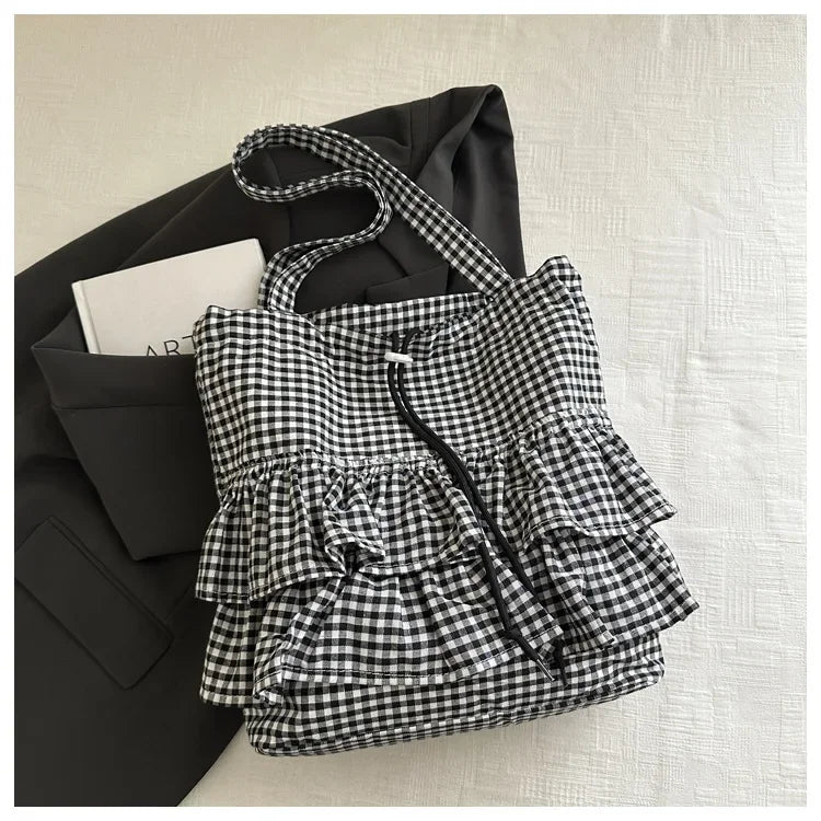 Cute Plaid Cotton Tote Bag Large Capaci Lace Trim Women's Summer 2026 Simple Lady Handbag Soft Shoulder Bags Bolsa Feminina