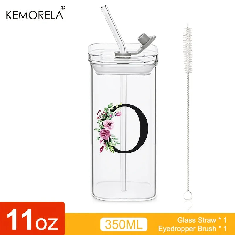 1PCS 24 Letter-Shaped Glass Tumblers with Lid And Straw Coffee Tumbler 300ML Clear Square Drinking Tumbler For Coffee Beer Milk