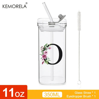 1PCS 24 Letter-Shaped Glass Tumblers with Lid And Straw Coffee Tumbler 300ML Clear Square Drinking Tumbler For Coffee Beer Milk
