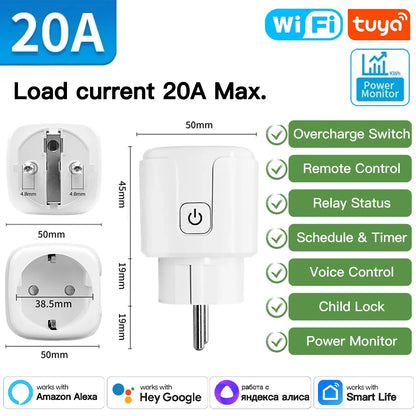 TNCE Tuya Wifi Plug 20A Smart Socket EU Power Monitor Remote Control switch Smart Life APP Works with Alexa Googl Home Alice