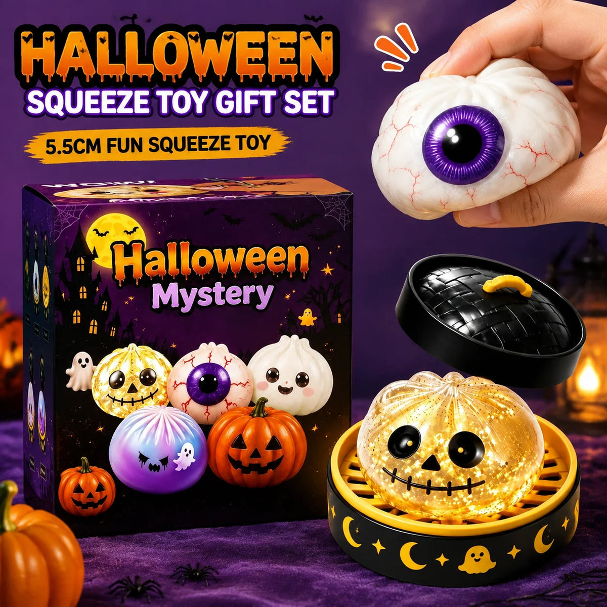 New 1-5pcs Halloween Ghost Dumpling Squishy Toy with Box Squeeze Decompression Fidget Toy for Stress Relief Gift Box Set