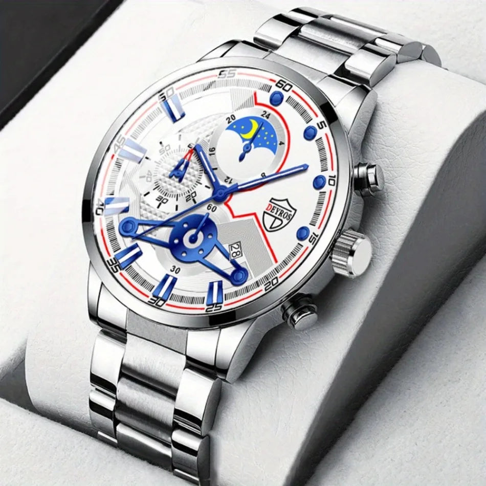 2 PCS/set  Men's Watches Fashion Sports Quartz Alloy Dial Strap Round Dial Quartz Movement Display Date Best Choice for Gift!