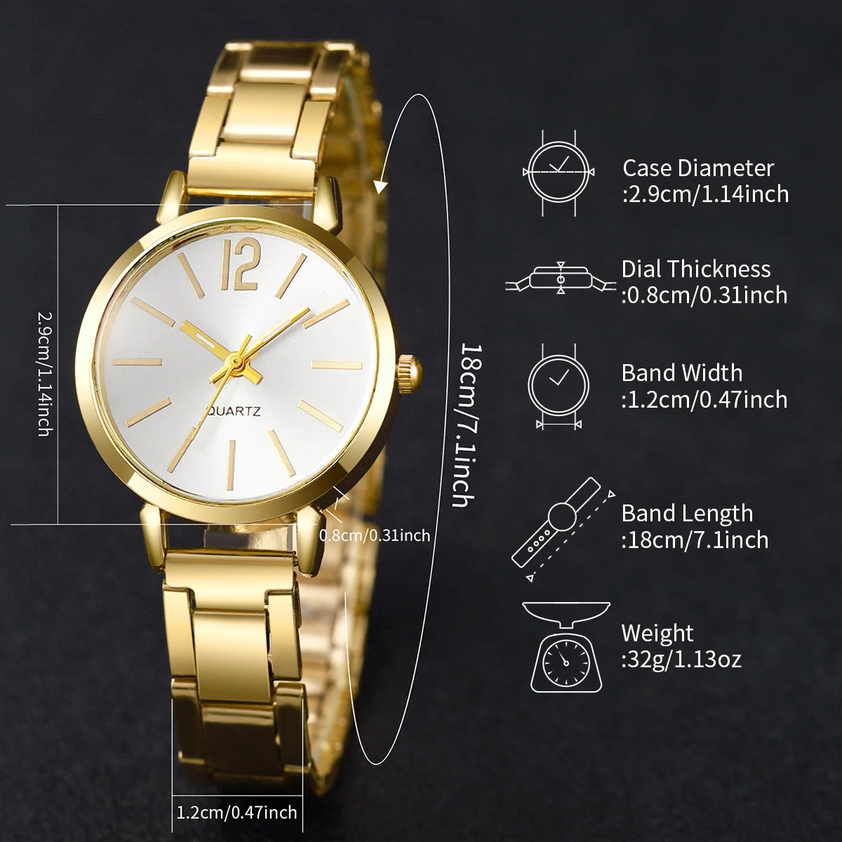 6PCS/Set Simple Scale Dial Women's Watch Fashion Gold Steel Band Quartz Watches Jewelry Set（Without Box）