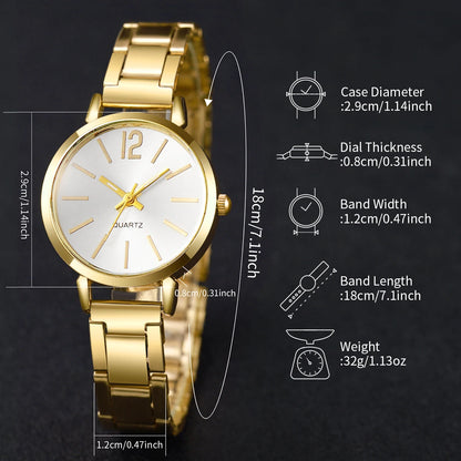 6PCS/Set Simple Scale Dial Women's Watch Fashion Gold Steel Band Quartz Watches Jewelry Set（Without Box）