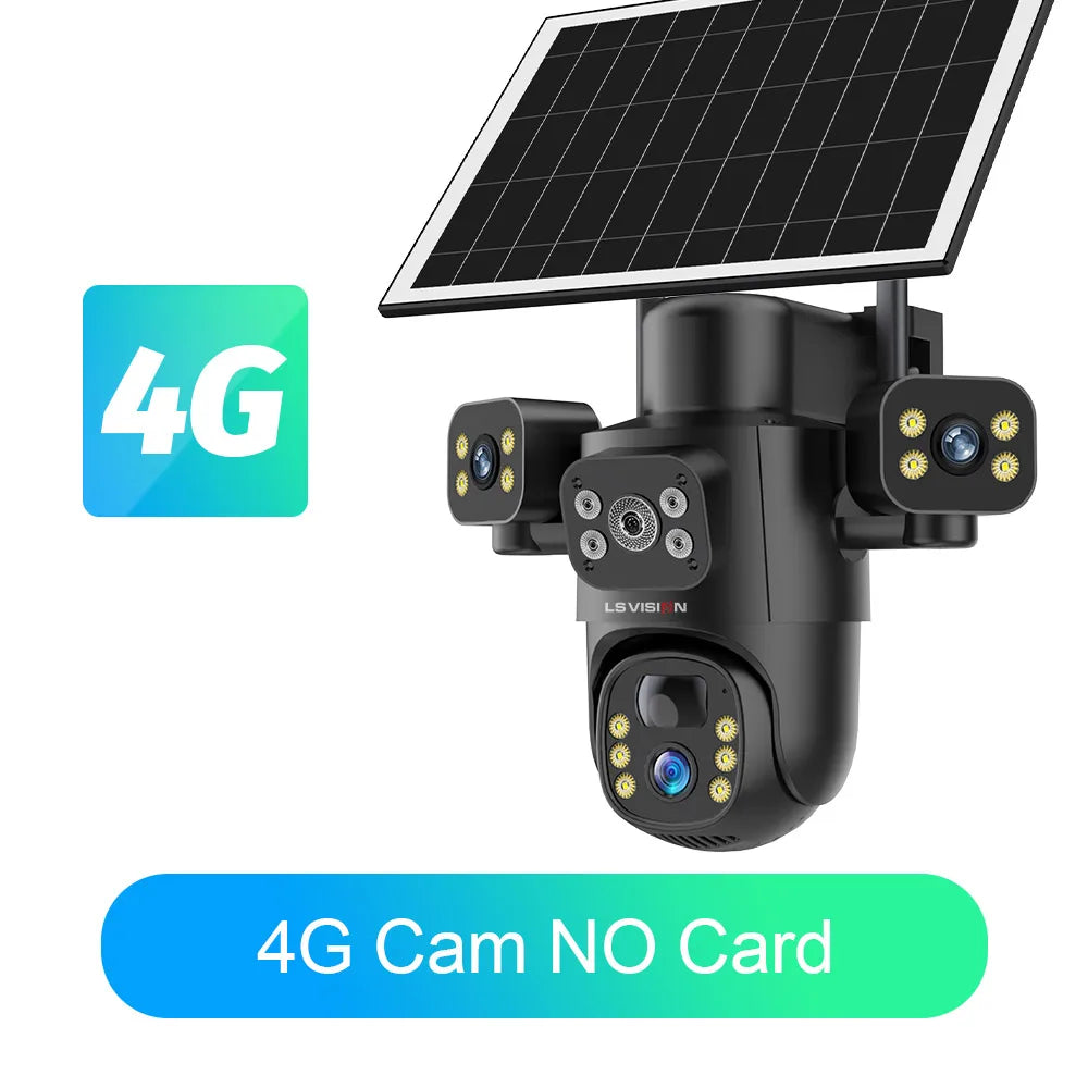LS VISION 4G / WiFi Solar Camera 3Lenses Outdoor 15MP 4K Low Power Battery IP Camera PIR Night Vision V380 Pro CCTV Security