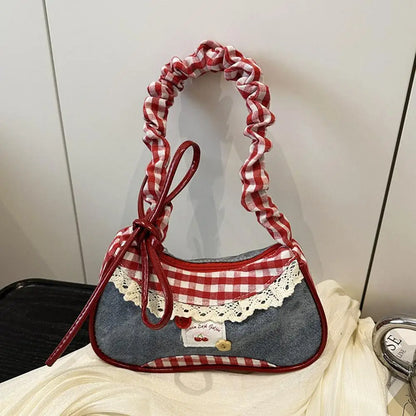Fashion Grid Mini Handbag with Adjustable Shoulder Strap Korean Style Hand-held Commuting Bag Single-Shoulder Crossbody Underarm