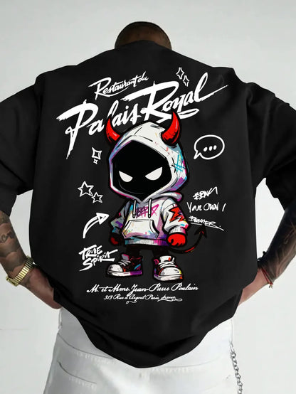 American men's summer personalized small devil letter print comfortable and breathable round neck T-shirt outdoor street top