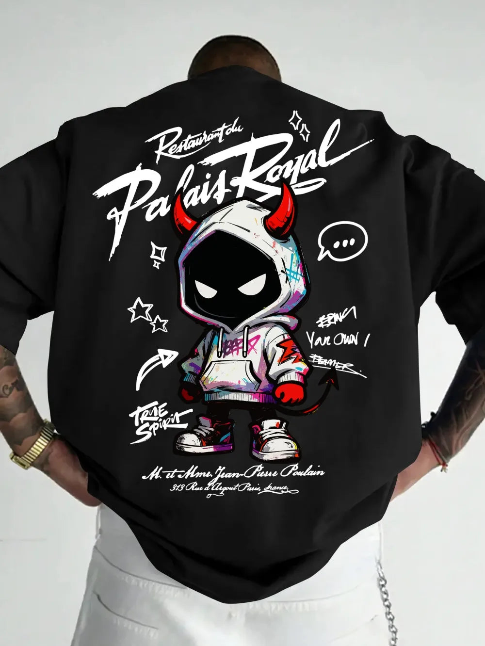 American men's summer personalized small devil letter print comfortable and breathable round neck T-shirt outdoor street top
