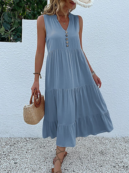 Casual Summer Midi Dress Women Sleeveless Tank V Neck Buttons Ruffle Loose Dresses Beach Soild Sundress Fashion