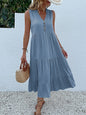 Casual Summer Midi Dress Women Sleeveless Tank V Neck Buttons Ruffle Loose Dresses Beach Soild Sundress Fashion