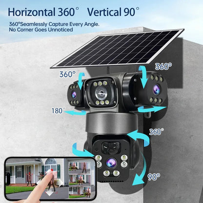 15MP IP Camera WiFi PTZ Three Camera Outdoor Wireless Solar 20000Mah Built-in Battery Video Surveillance Cam Long Time Standby