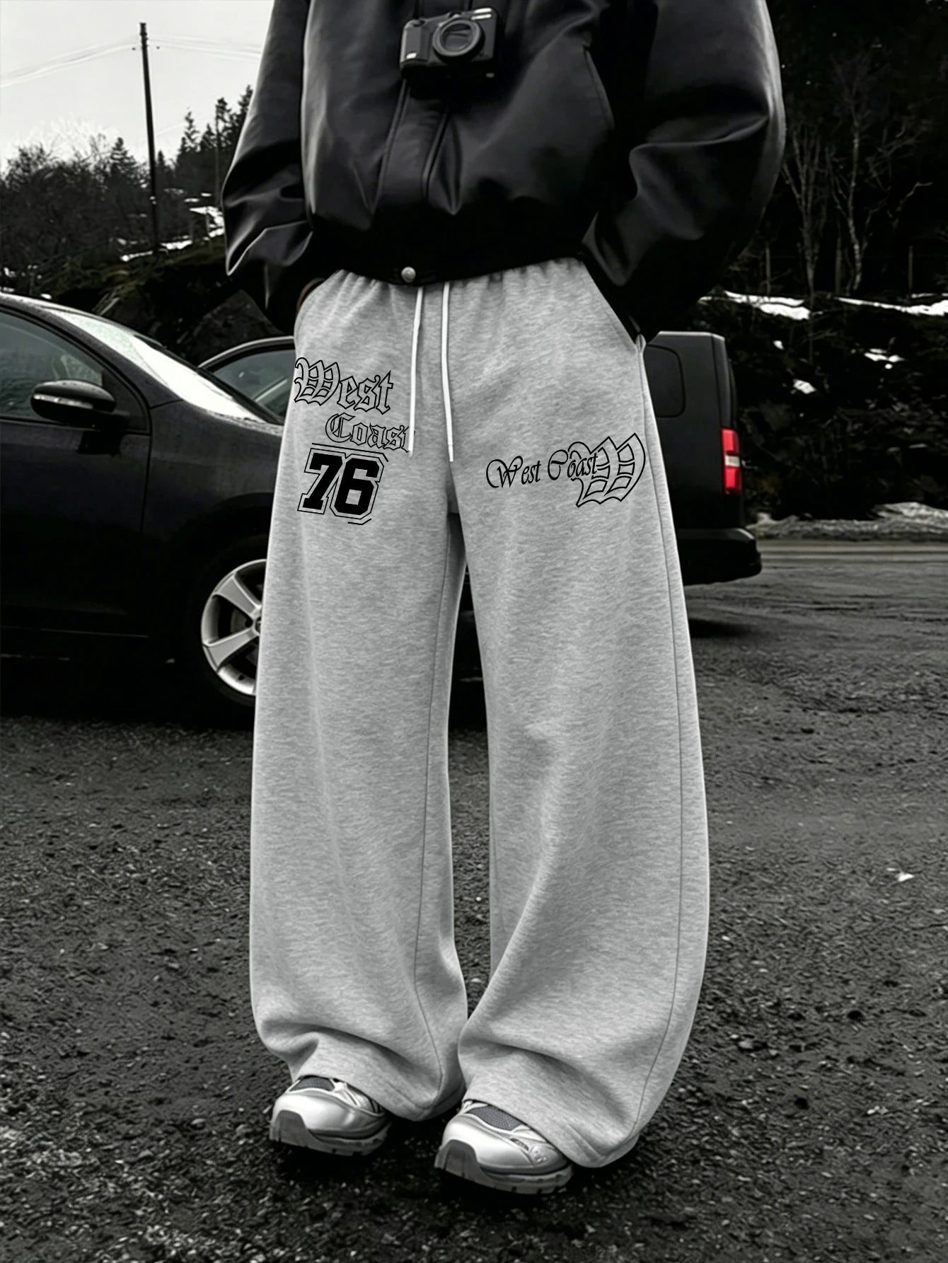 Men Wide Leg West Coast 76 Double Side Print Sweatpants 100% Polyester Gothic Baggy Y2K Drawstring Casual Jogger Pants