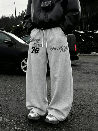 Men Wide Leg West Coast 76 Double Side Print Sweatpants 100% Polyester Gothic Baggy Y2K Drawstring Casual Jogger Pants