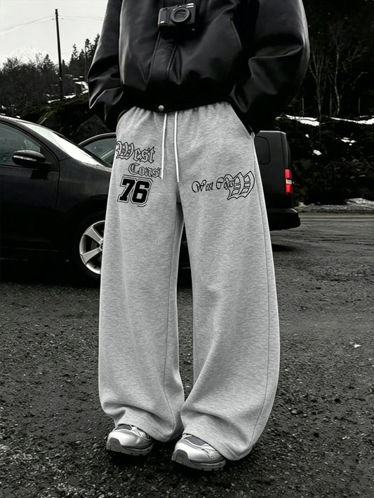 Men Wide Leg West Coast 76 Double Side Print Sweatpants 100% Polyester Gothic Baggy Y2K Drawstring Casual Jogger Pants