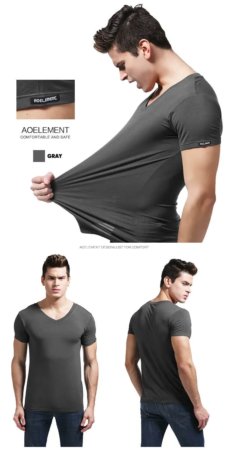 Modal summer round neck tight men's short sleeve V-neck T-shirt solid color vest T-shirt slim-fit sports undershirt