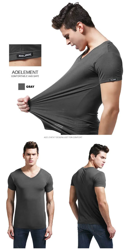 Modal summer round neck tight men's short sleeve V-neck T-shirt solid color vest T-shirt slim-fit sports undershirt