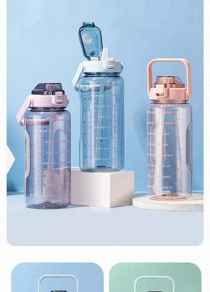 2L Water Bottle Portable Straw Plastic Water Cup for Outdoor Sports Fitness Adult High Value Big Fat Cup with Time Marker