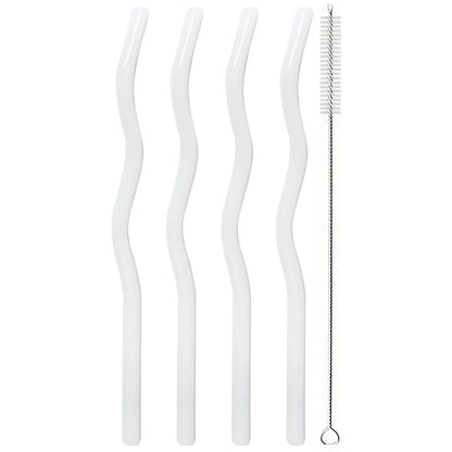 4pcs 200*8mm Glass Straws Wavy Colorful Drinking Straw Set with Brush High Borosilicate Glass Straw Kitchen Party Bar Drinkware