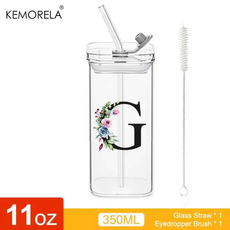 1PCS 24 Letter-Shaped Glass Tumblers with Lid And Straw Coffee Tumbler 300ML Clear Square Drinking Tumbler For Coffee Beer Milk