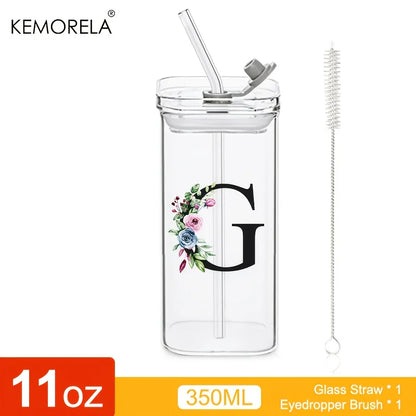1PCS 24 Letter-Shaped Glass Tumblers with Lid And Straw Coffee Tumbler 300ML Clear Square Drinking Tumbler For Coffee Beer Milk