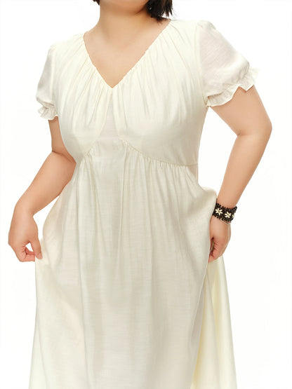 DUSHU Women's 2026 Summer New Sweet Skirt Puff Sleeve V-Neck Lyocell Dress Short Sleeve Slim Fit A-Line Beige Dress Multi-Size